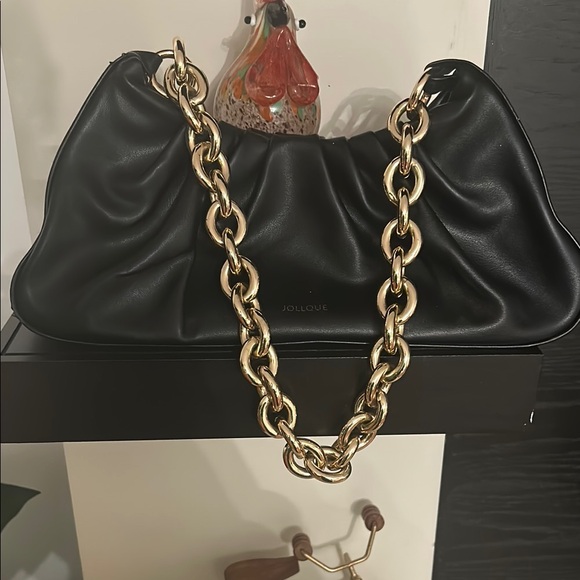 jollque Handbags - Black and Gold Ruched Leather Shoulder Bag